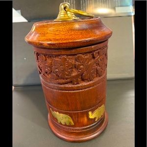 Vintage Wooden hand-carved and brass statuette inlaid jar with lid